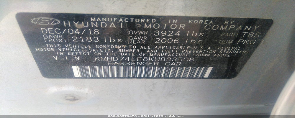 KMHD74LF8KU833508 2019 HYUNDAI ELANTRA photo no. 9
