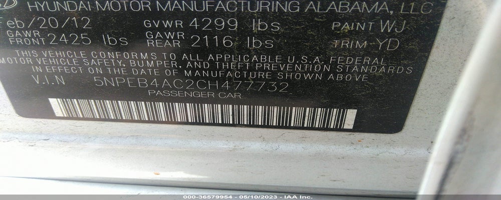 5NPEB4AC2CH477732 2012 HYUNDAI SONATA photo no. 9