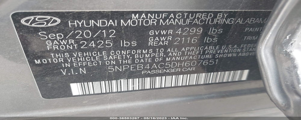 5NPEB4AC5DH607651 2013 HYUNDAI SONATA photo no. 9