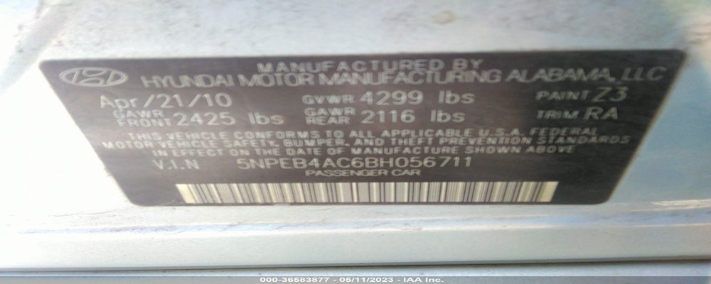 5NPEB4AC6BH056711 2011 HYUNDAI SONATA photo no. 9