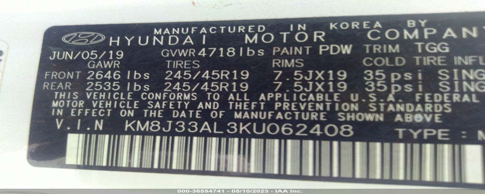 KM8J33AL3KU062408 2019 HYUNDAI TUCSON photo no. 9