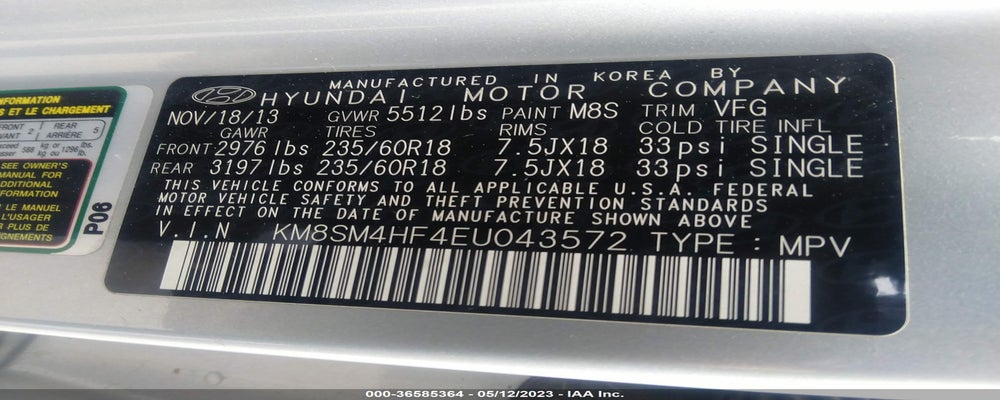 KM8SM4HF4EU043572 2014 HYUNDAI SANTA FE photo no. 9