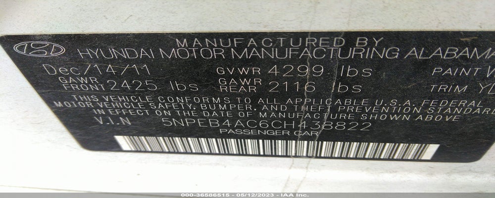 5NPEB4AC6CH438822 2012 HYUNDAI SONATA photo no. 9