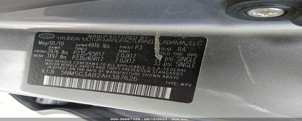 5NMSG3AB2AH387626 2010 HYUNDAI SANTA FE photo no. 9