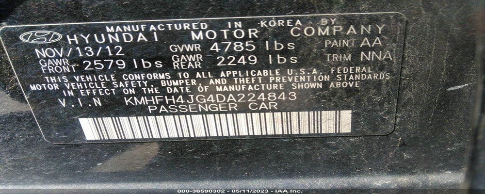 KMHFH4JG4DA224843 2013 HYUNDAI AZERA photo no. 9