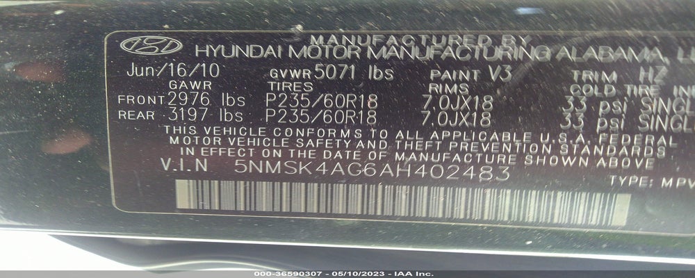5NMSK4AG6AH402483 2010 HYUNDAI SANTA FE photo no. 9