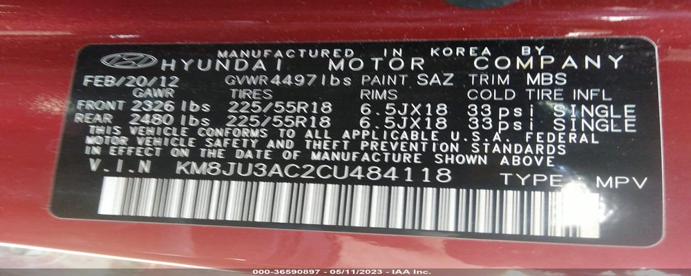 KM8JU3AC2CU484118 2012 HYUNDAI TUCSON photo no. 9