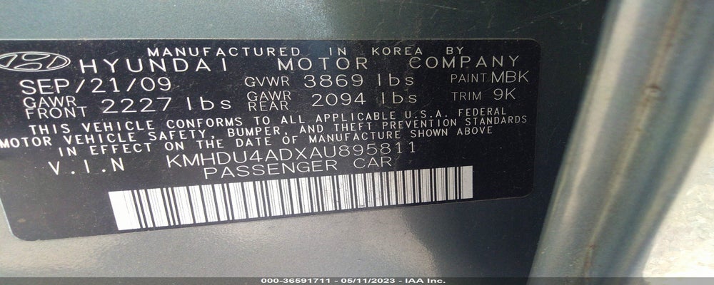 KMHDU4ADXAU895811 2010 HYUNDAI ELANTRA photo no. 9