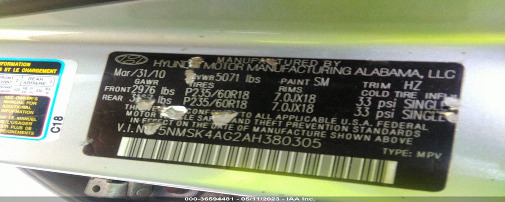5NMSK4AG2AH380305 2010 HYUNDAI SANTA FE photo no. 9