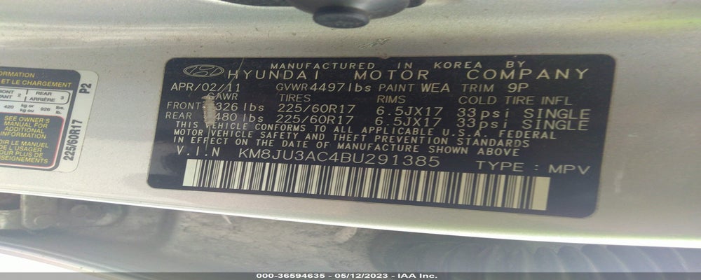 KM8JU3AC4BU291385 2011 HYUNDAI TUCSON photo no. 9