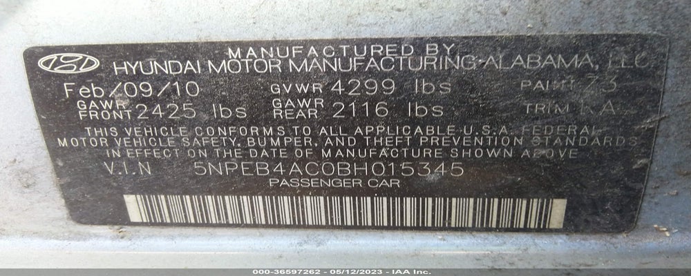 5NPEB4AC0BH015345 2011 HYUNDAI SONATA photo no. 9