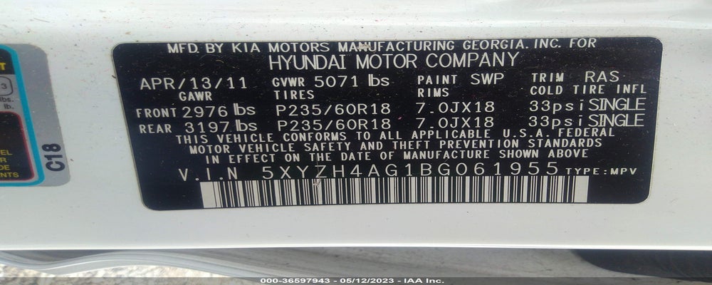 5XYZH4AG1BG061955 2011 HYUNDAI SANTA FE photo no. 9