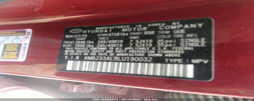 KM8J33AL8LU190032 2020 HYUNDAI TUCSON photo no. 9