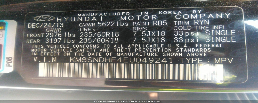 KM8SNDHF4EU049241 2014 HYUNDAI SANTA FE photo no. 9