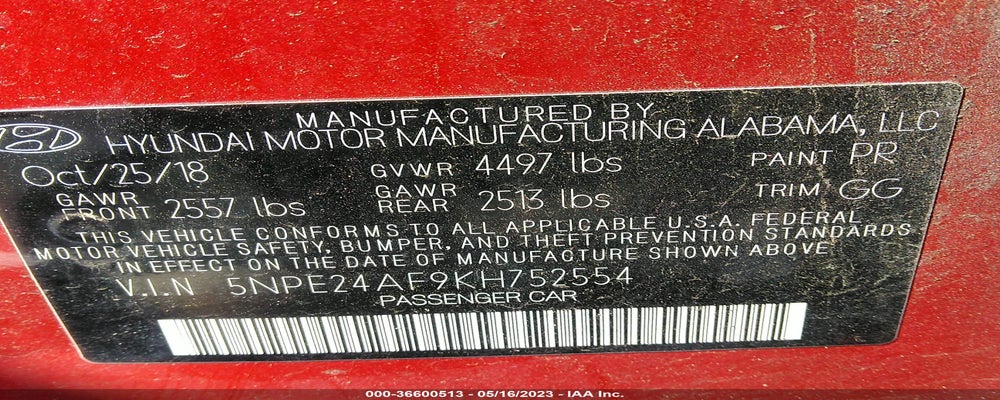 5NPE24AF9KH752554 2019 HYUNDAI SONATA photo no. 9