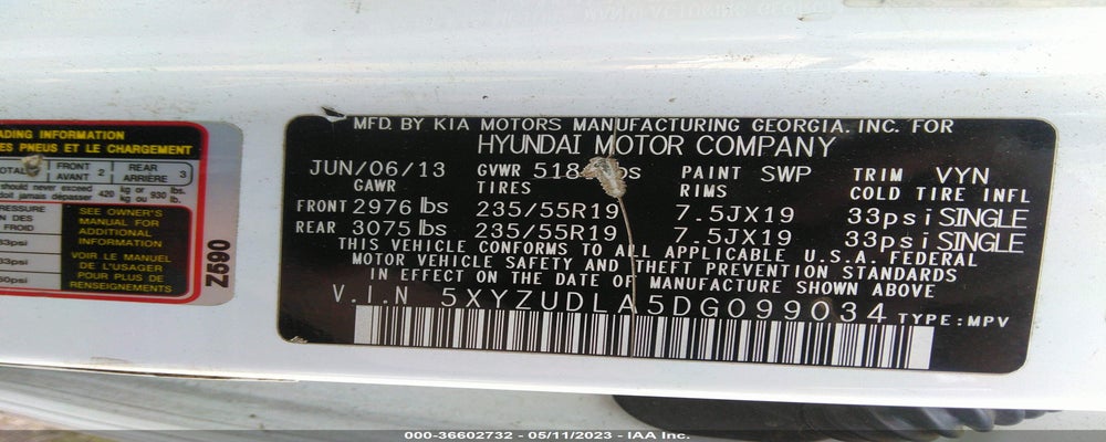 5XYZUDLA5DG099034 2013 HYUNDAI SANTA FE photo no. 9