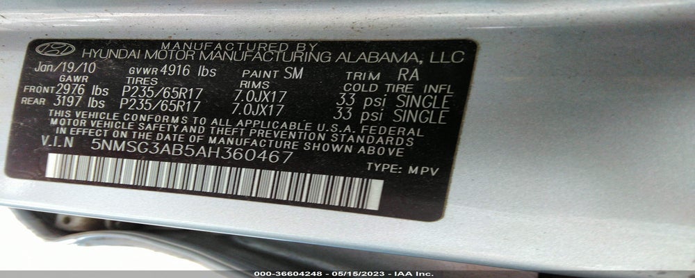5NMSG3AB5AH360467 2010 HYUNDAI SANTA FE photo no. 9