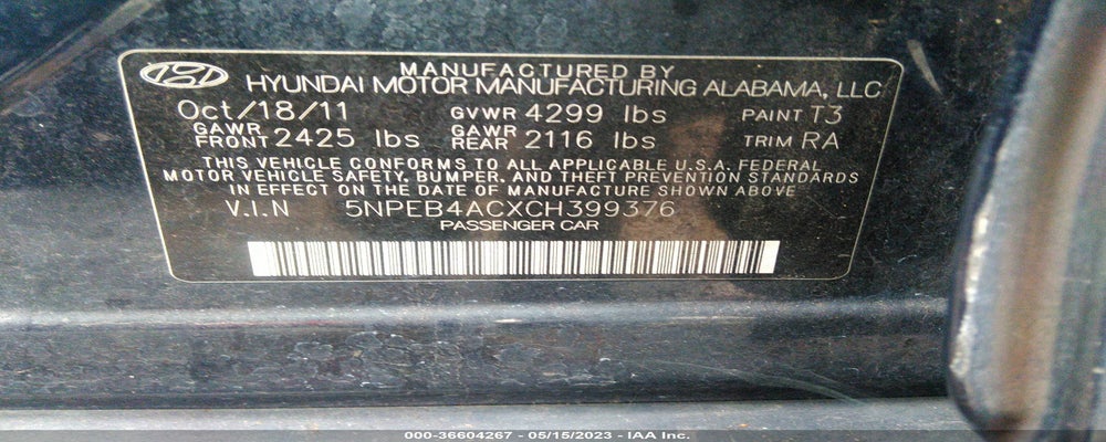 5NPEB4ACXCH399376 2012 HYUNDAI SONATA photo no. 9