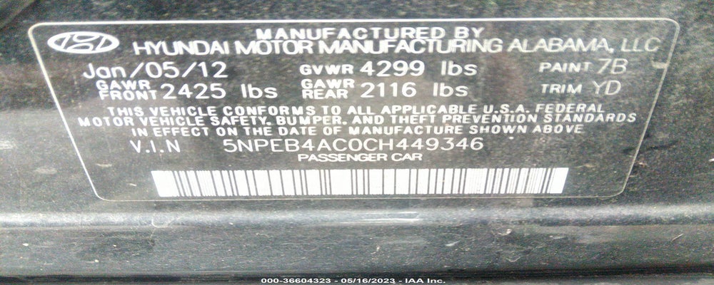 5NPEB4AC0CH449346 2012 HYUNDAI SONATA photo no. 9