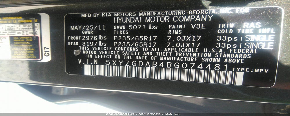 5XYZGDAB4BG074481 2011 HYUNDAI SANTA FE photo no. 9