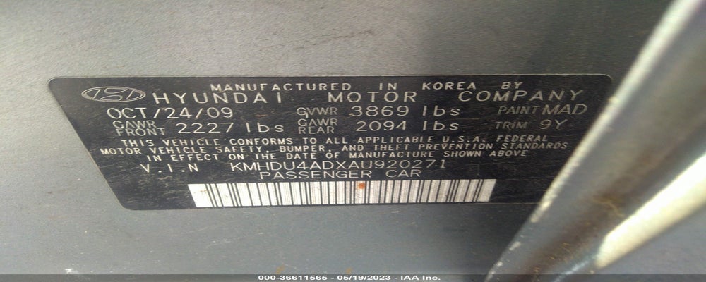 KMHDU4ADXAU920271 2010 HYUNDAI ELANTRA photo no. 9