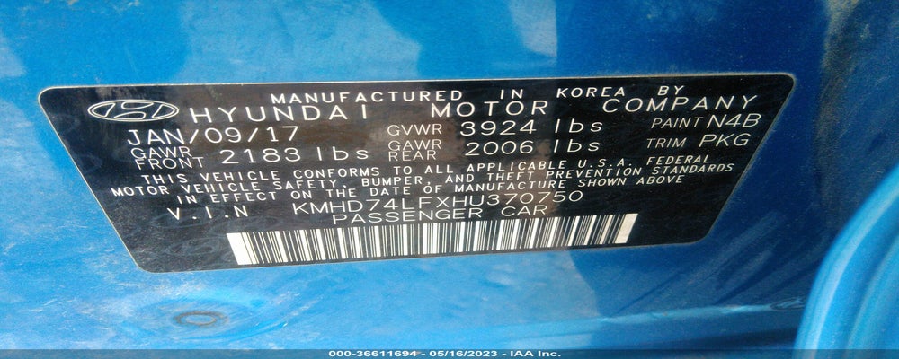 KMHD74LFXHU370750 2017 HYUNDAI ELANTRA photo no. 9
