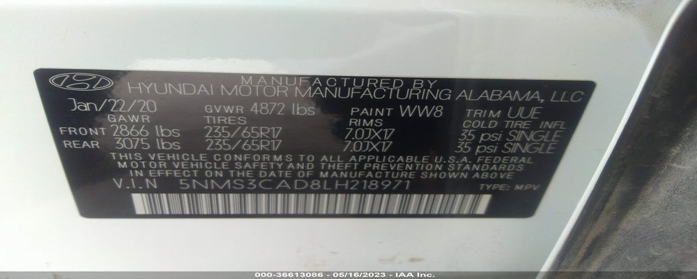 5NMS3CAD8LH218971 2020 HYUNDAI SANTA FE photo no. 9