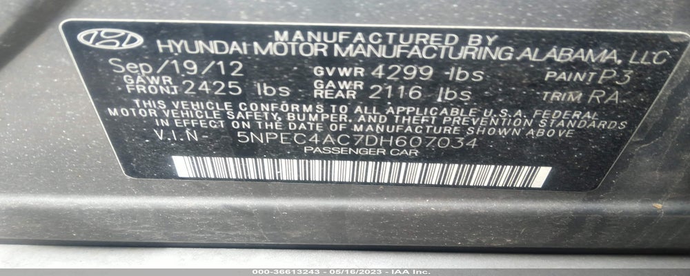 5NPEC4AC7DH607034 2013 HYUNDAI SONATA photo no. 9