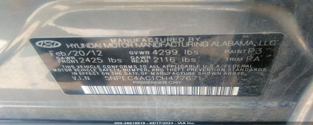 5NPEC4AC1CH477671 2012 HYUNDAI SONATA photo no. 9