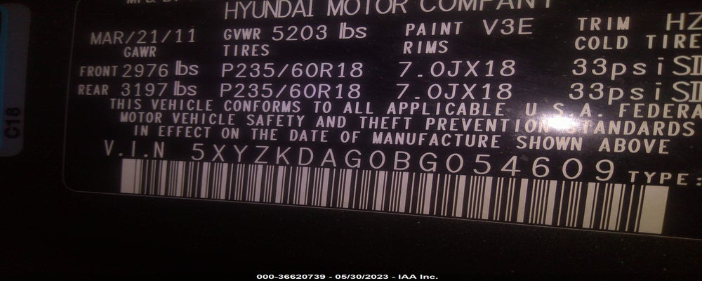 5XYZKDAG0BG054609 2011 HYUNDAI SANTA FE photo no. 9