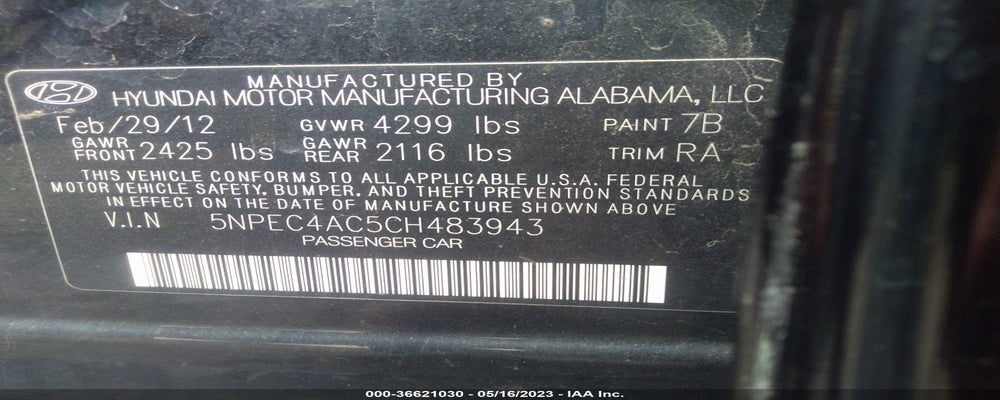 5NPEC4AC5CH483943 2012 HYUNDAI SONATA photo no. 9