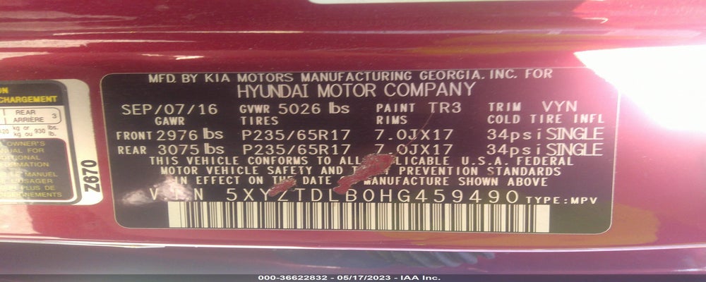 5XYZTDLB0HG459490 2017 HYUNDAI SANTA FE SPORT photo no. 9