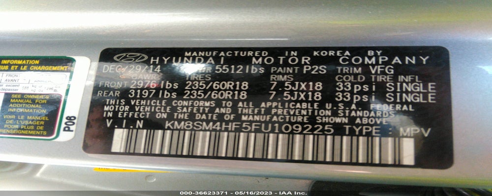 KM8SM4HF5FU109225 2015 HYUNDAI SANTA FE photo no. 9