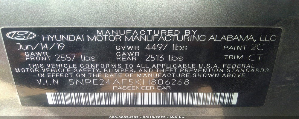 5NPE24AF5KH806268 2019 HYUNDAI SONATA photo no. 9