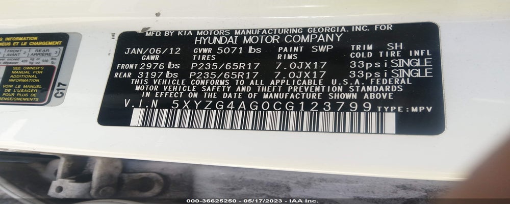 5XYZG4AG0CG123799 2012 HYUNDAI SANTA FE photo no. 9
