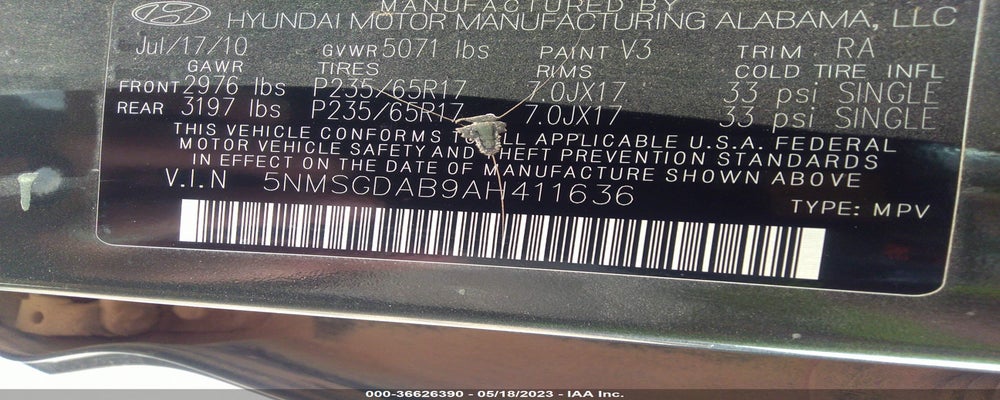 5NMSGDAB9AH411636 2010 HYUNDAI SANTA FE photo no. 9