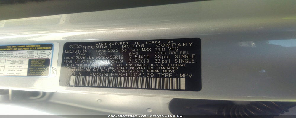 KM8SNDHF8FU103139 2015 HYUNDAI SANTA FE photo no. 9