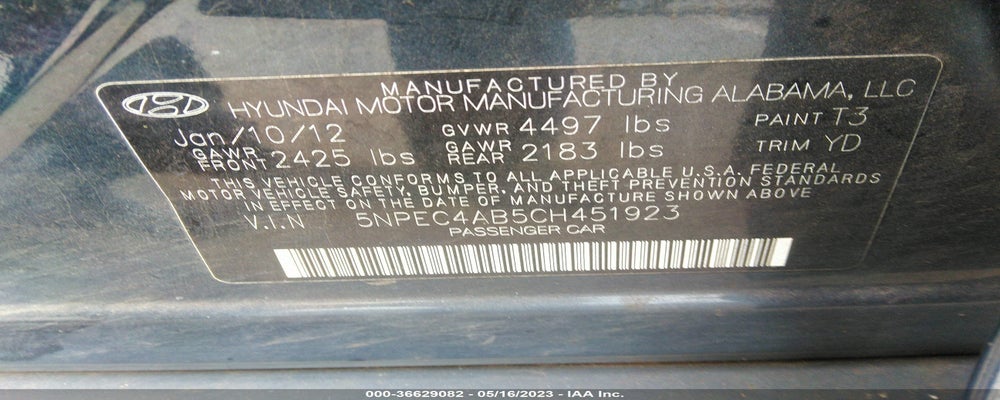 5NPEC4AB5CH451923 2012 HYUNDAI SONATA photo no. 9