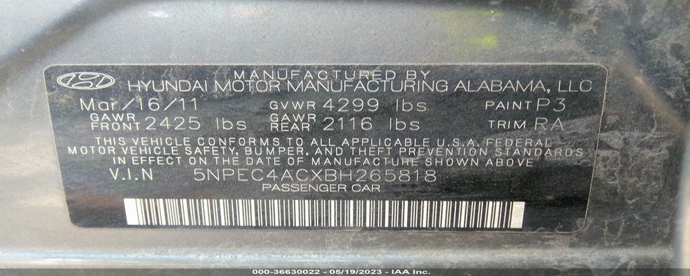 5NPEC4ACXBH265818 2011 HYUNDAI SONATA photo no. 9