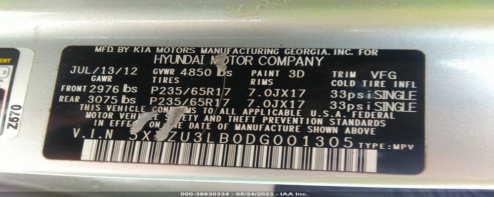 5XYZU3LB0DG001305 2013 HYUNDAI SANTA FE photo no. 9