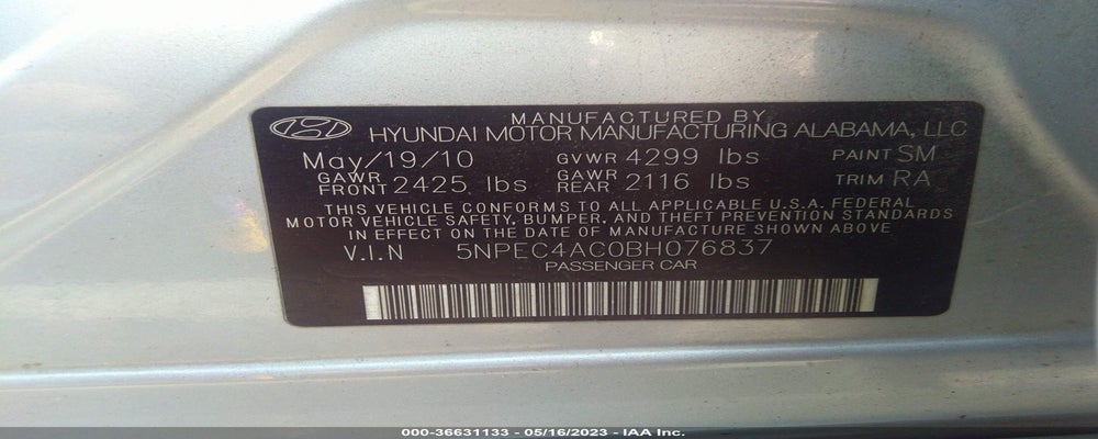 5NPEC4AC0BH076837 2011 HYUNDAI SONATA photo no. 9