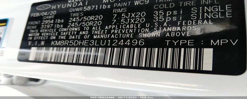 KM8R5DHE3LU124496 2020 HYUNDAI PALISADE photo no. 9