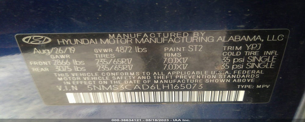 5NMS3CAD6LH165073 2020 HYUNDAI SANTA FE photo no. 9