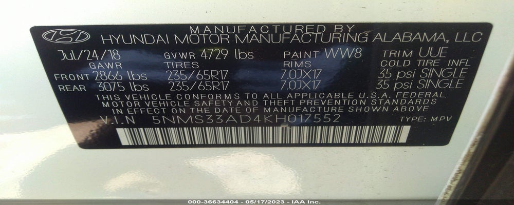 5NMS33AD4KH017552 2019 HYUNDAI SANTA FE photo no. 9