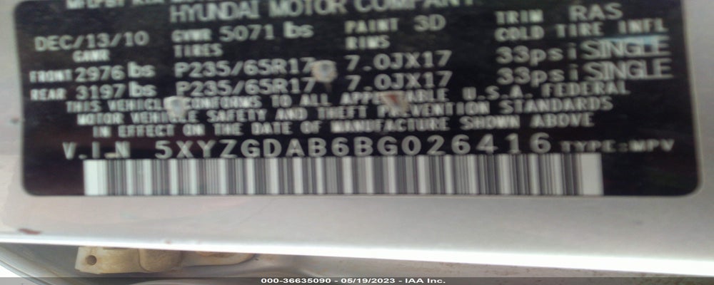 5XYZGDAB6BG026416 2011 HYUNDAI SANTA FE photo no. 9