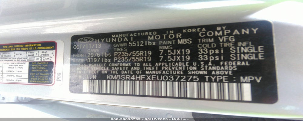 KM8SR4HFXEU037275 2014 HYUNDAI SANTA FE photo no. 9