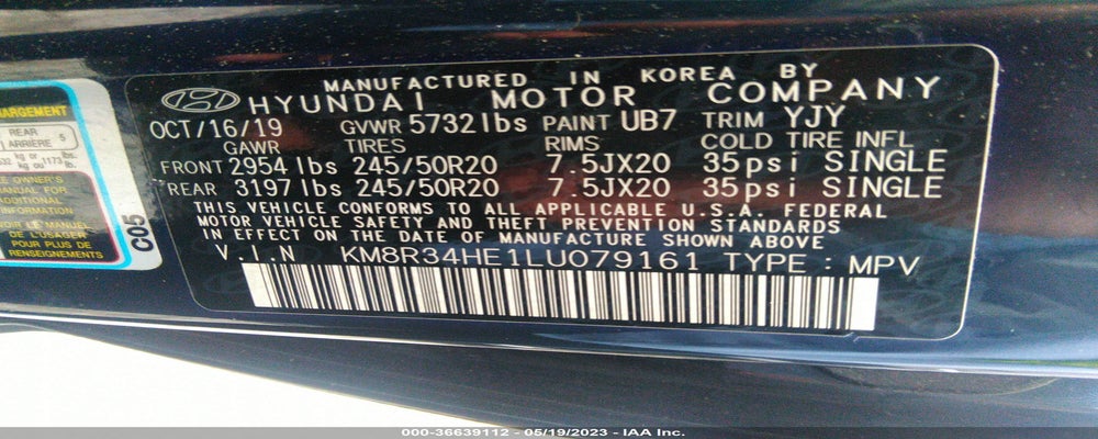 KM8R34HE1LU079161 2020 HYUNDAI PALISADE photo no. 9