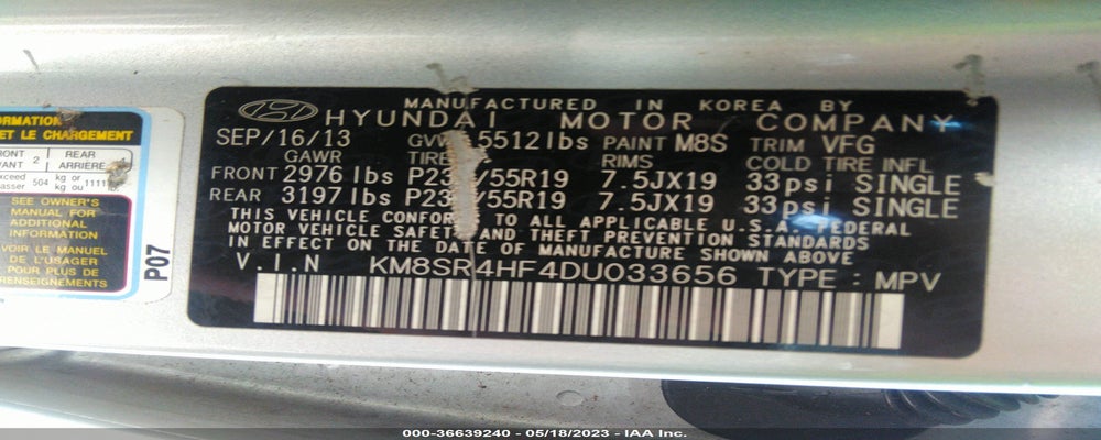 KM8SR4HF4DU033656 2013 HYUNDAI SANTA FE photo no. 9