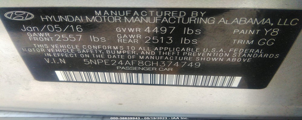 5NPE24AF8GH374749 2016 HYUNDAI SONATA photo no. 9
