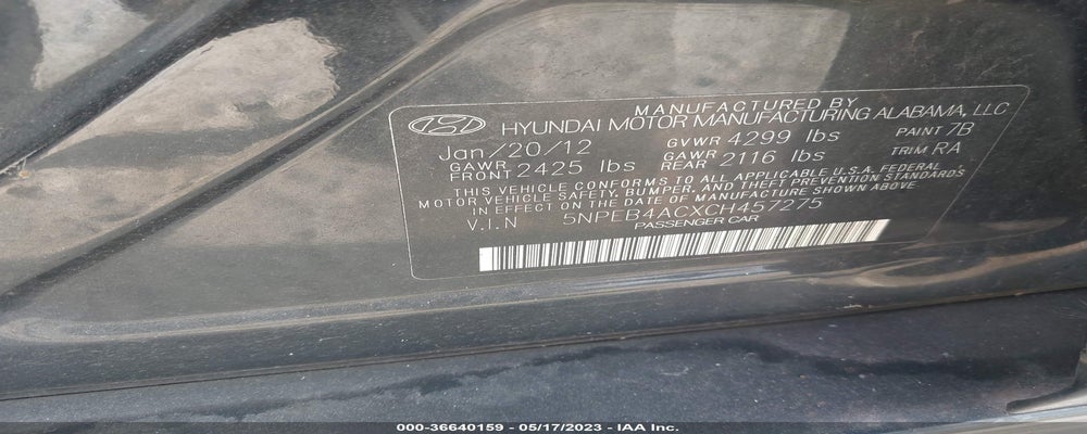 5NPEB4ACXCH457275 2012 HYUNDAI SONATA photo no. 9